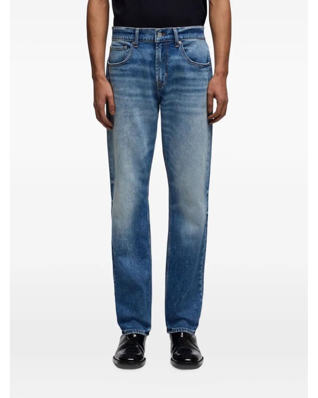 7 For All Mankind Blue The Straight Porch Logo-Patch Jeans for men