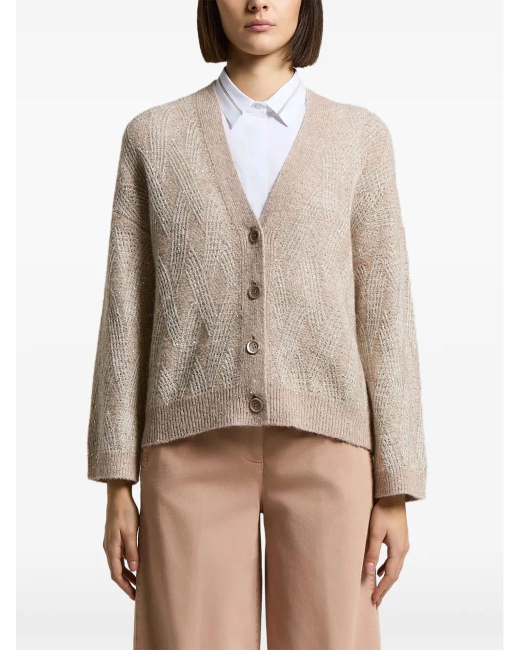 Peserico Natural Sequin-Embellished Cable-Knit Cardigan