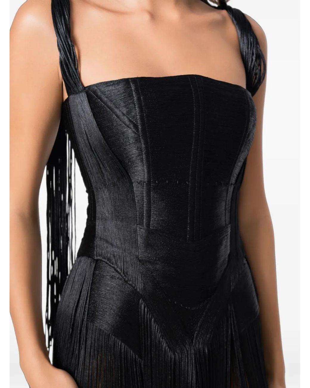 NORINA ST Black Swan Fringe-Trimmed Corset Maxi Dress