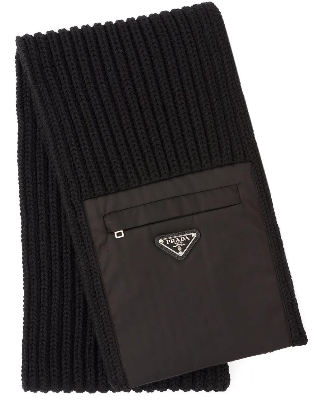 Prada Black Wool Scarf With Re-Nylon Gabardine Pocket for men