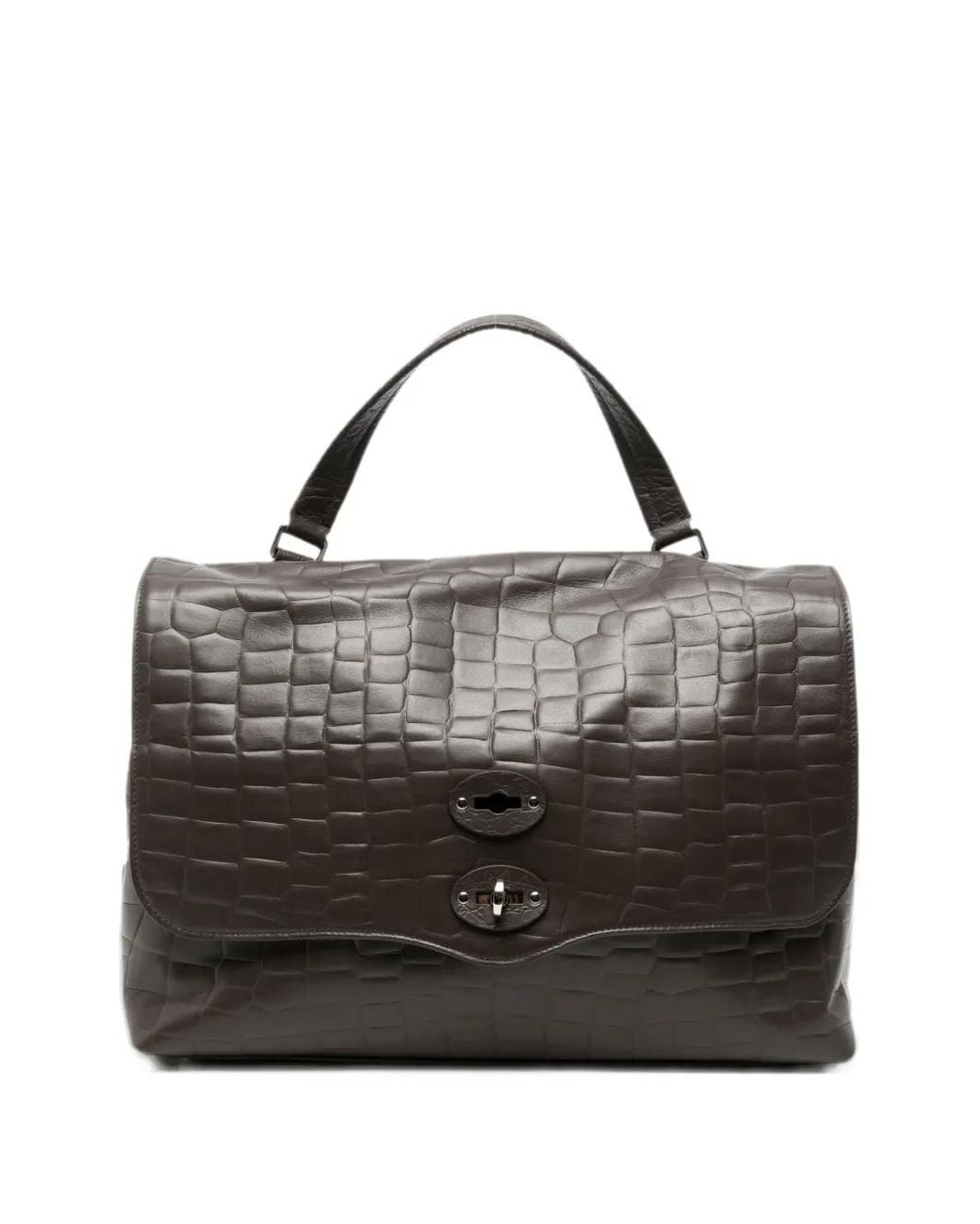 Zanellato Black Postina Croc-Effect Leather Tote Bag