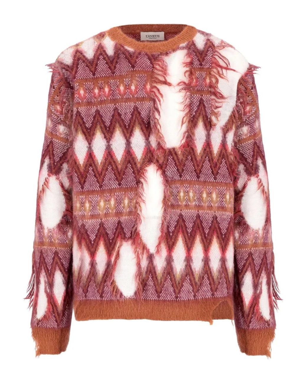 Laneus Red Frayed Geometric-Pattern Sweater for men