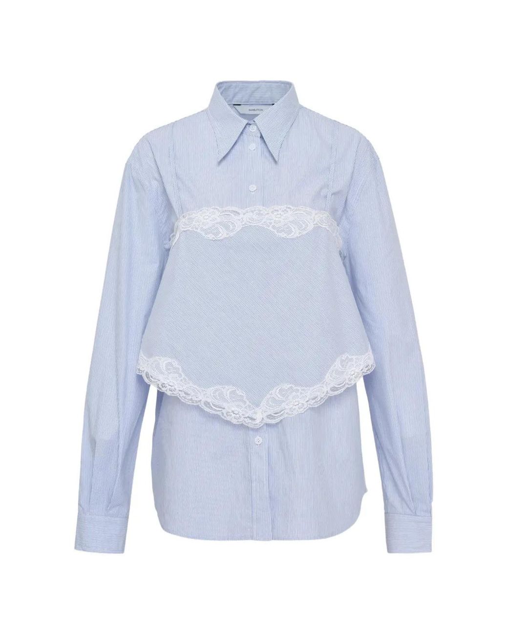 Pushbutton Blue Lace-Trim Striped Shirt