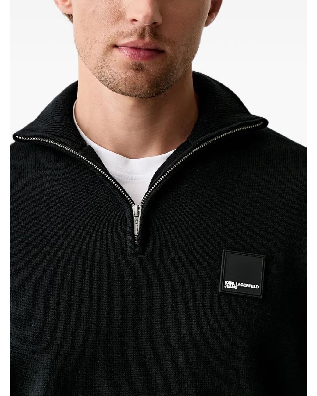 Karl Lagerfeld Black Quarter-Zip Logo-Patch Sweater for men