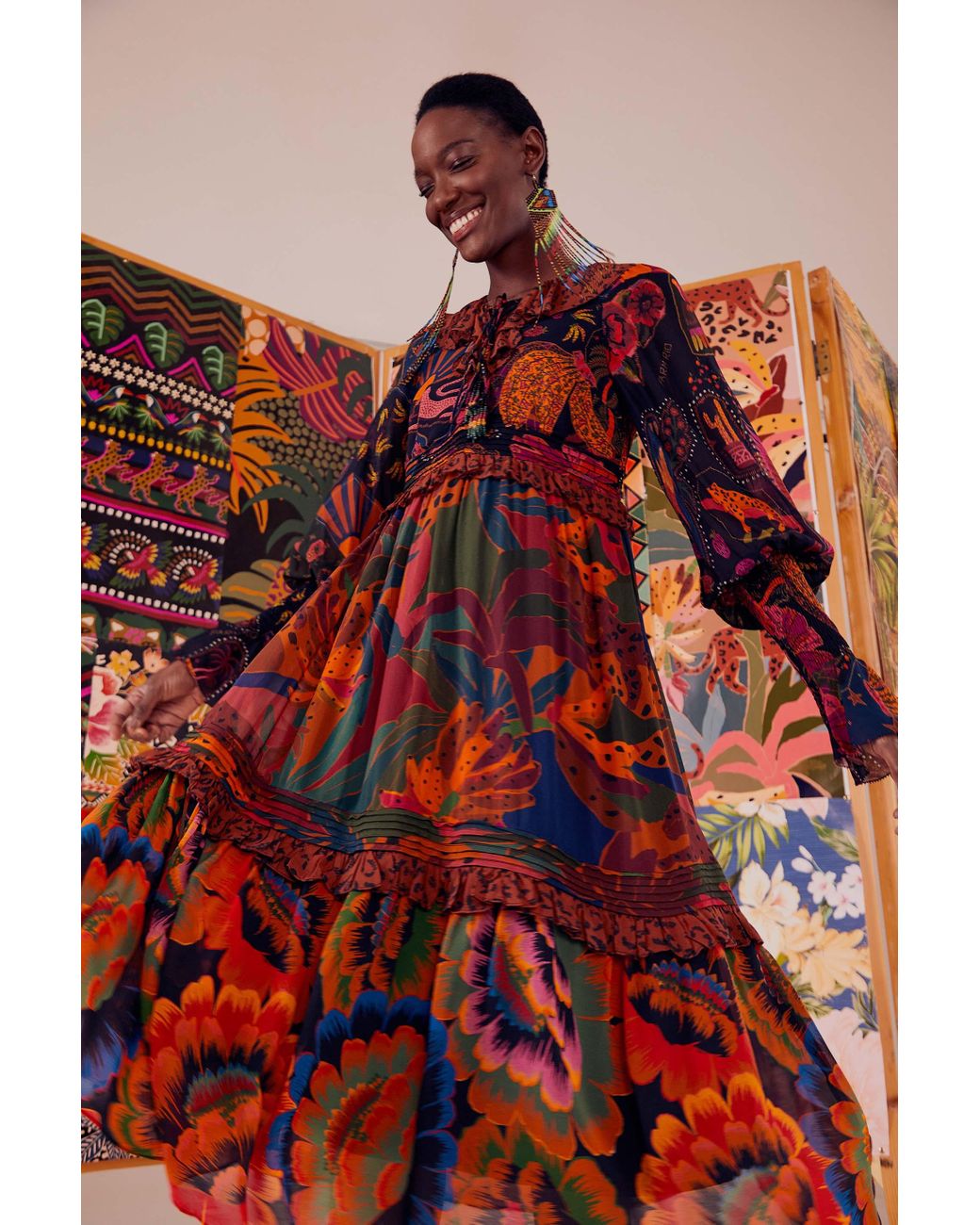 FARM Rio Mixed Leopards Jungle Long Sleeve Midi Dress in Red | Lyst