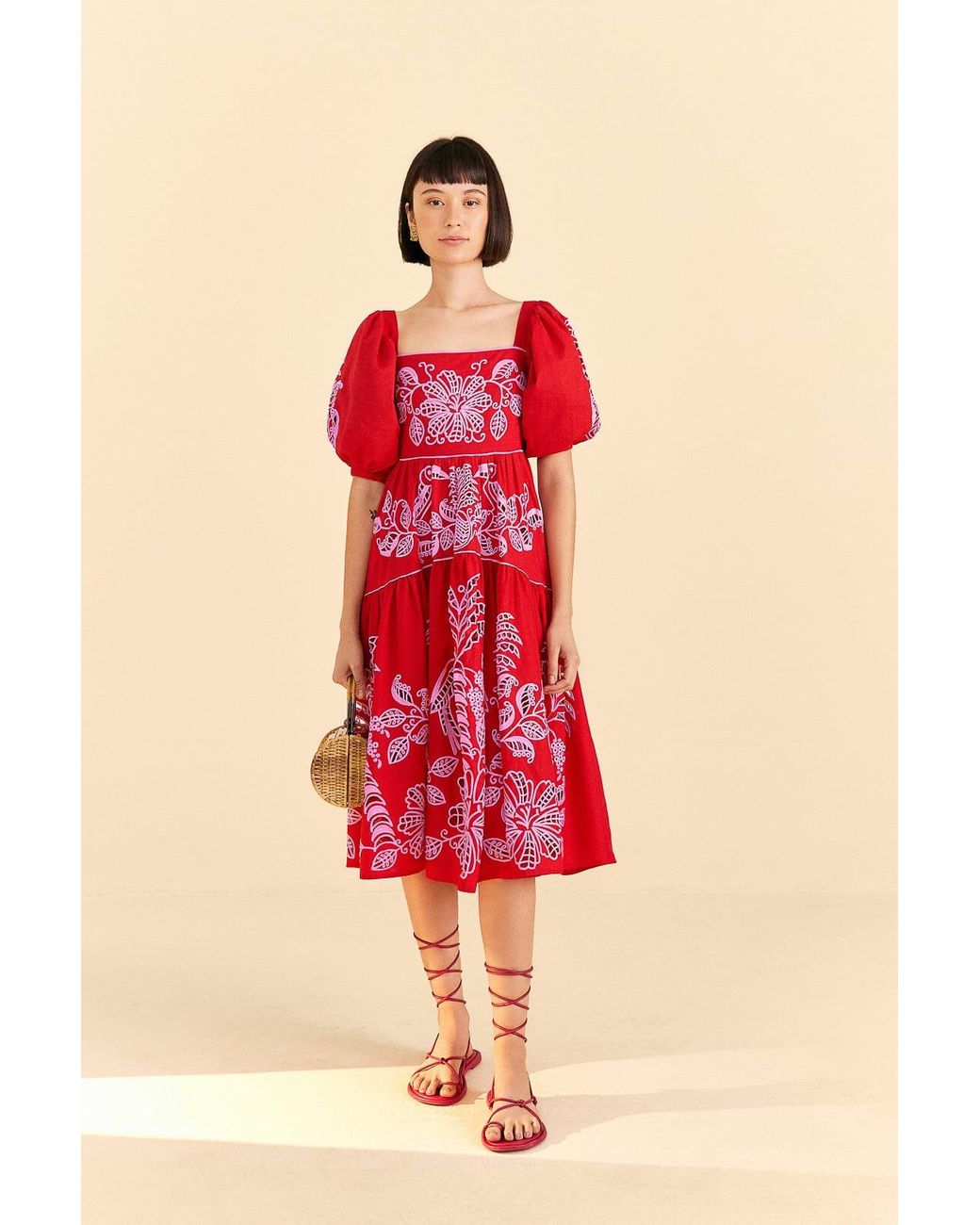 FARM Rio Palm Tree Richelieu Midi Dress in Red | Lyst
