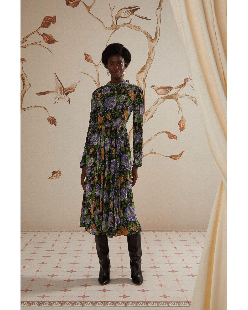 Long sleeve floral midi dress sales