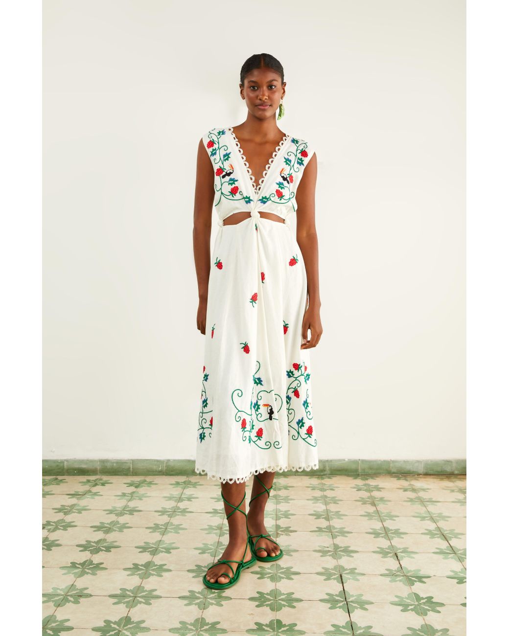 FARM Rio Cross Stitch Toucan Embroidered Midi Dress in Natural Lyst