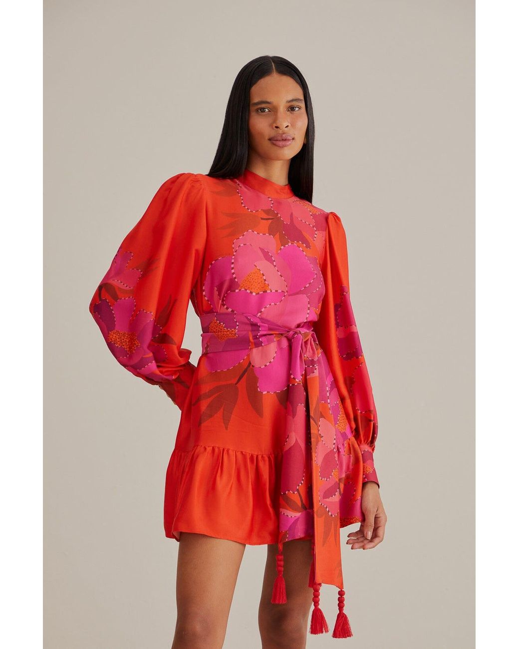 FARM Rio Red Peony Long Sleeve Mini Dress | Lyst