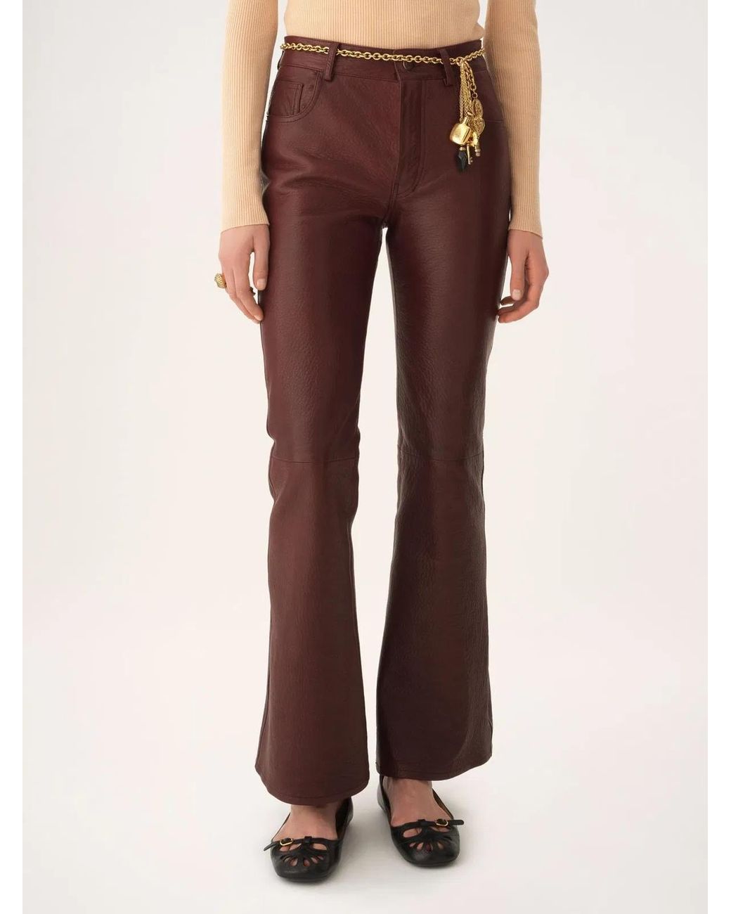 Chloé Purple Flared Textured Lambskin Leather Trousers