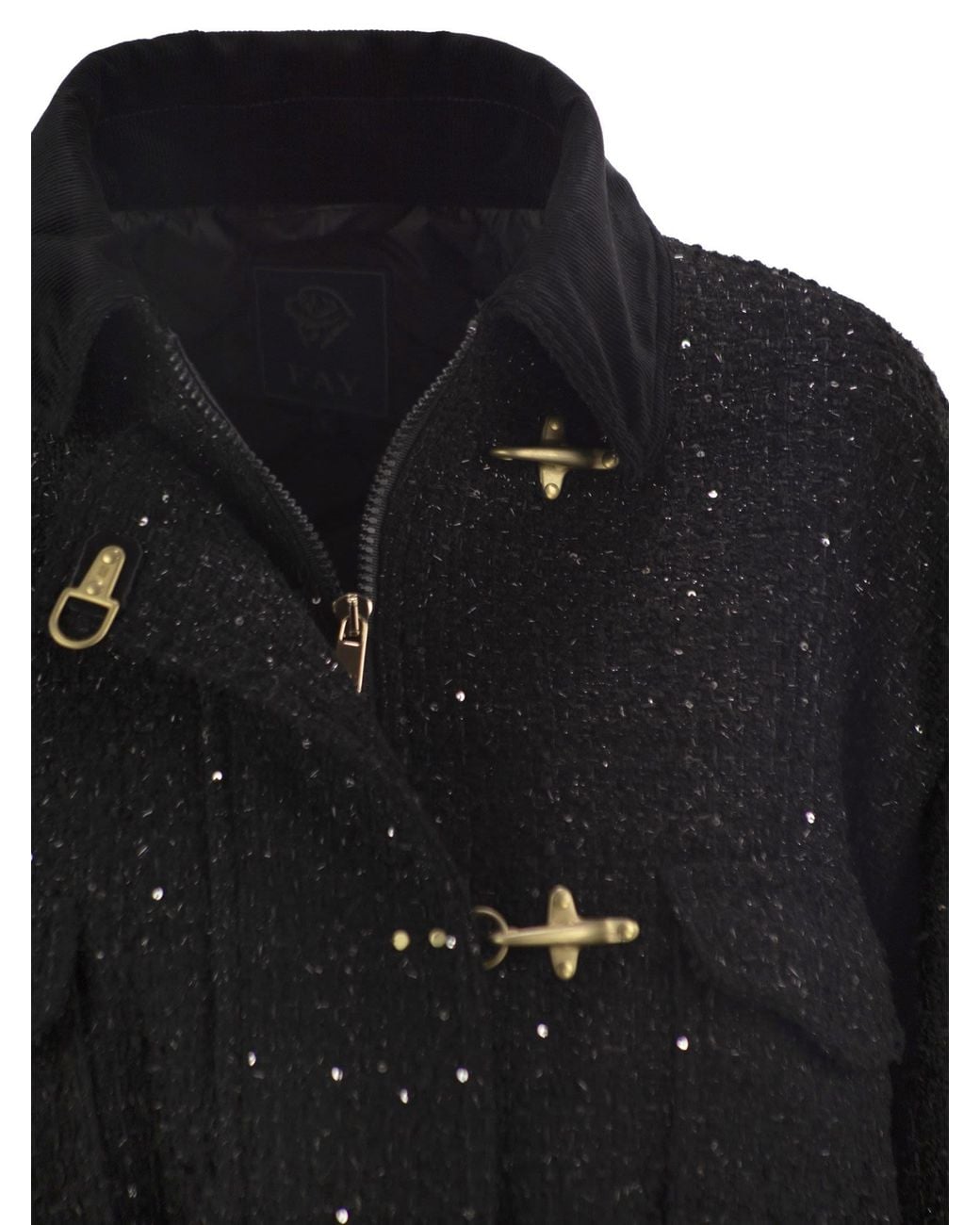 Fay Black Cropped Tweed Jacket With Sequins And Hooks