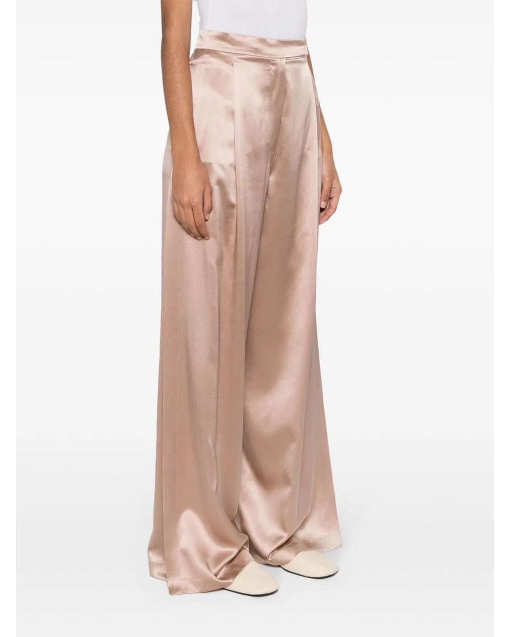 Max Mara Natural Satin Wide-Leg Silk Trousers