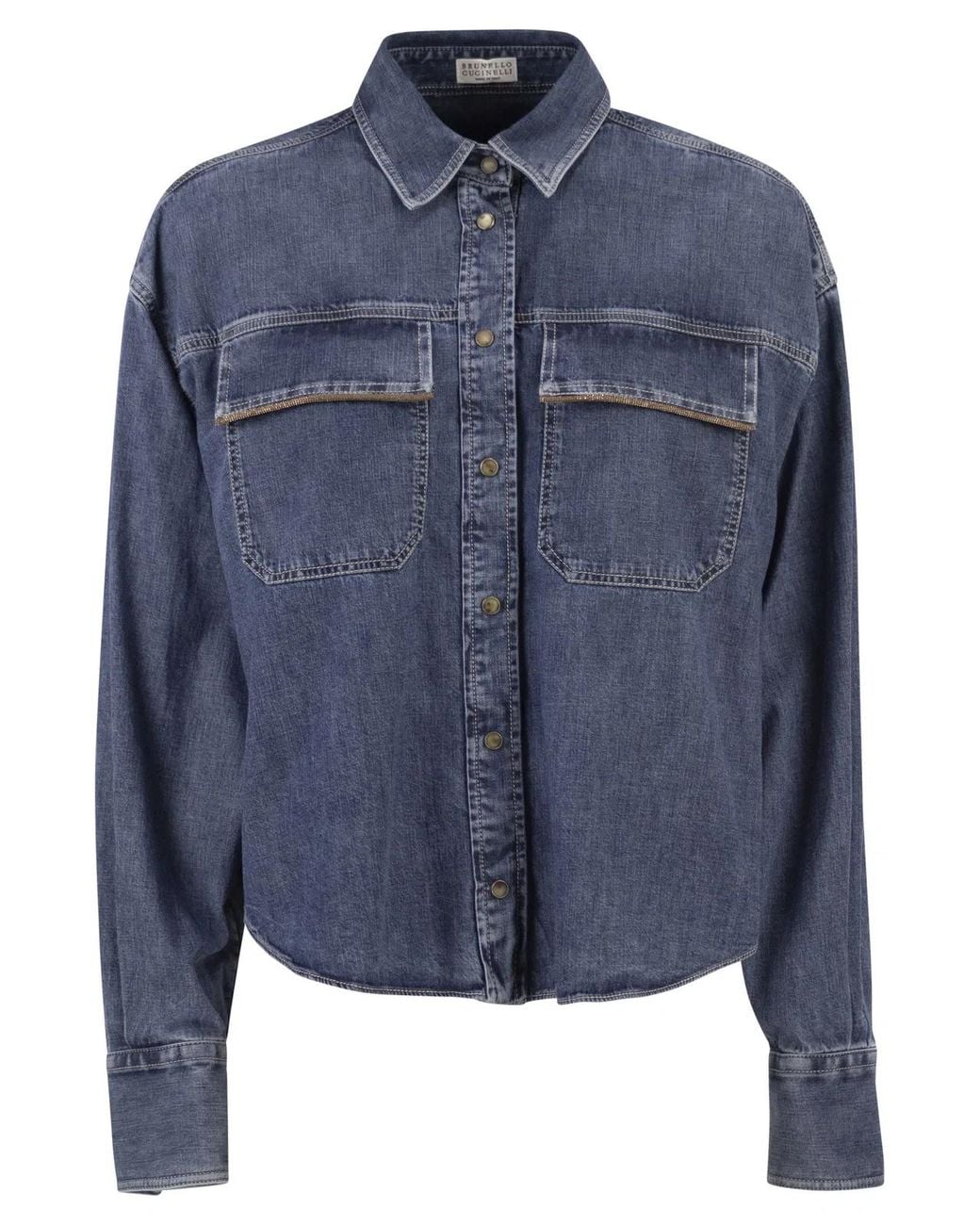 Brunello Cucinelli Blue Cropped Denim Shirt With Patch Pockets