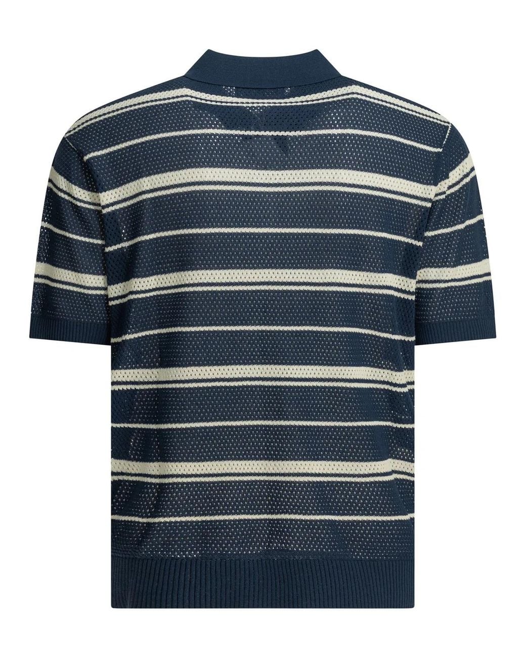 Beams Plus Blue Cotton Cotton Nylon Spandex Striped Button-Down Polo Shirt for men