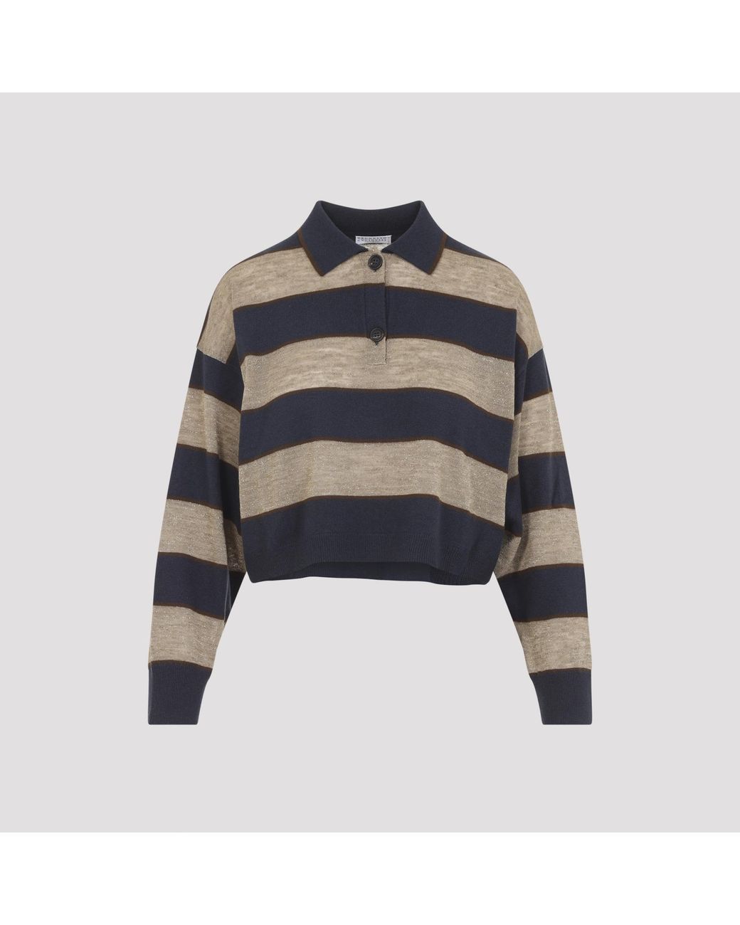 Brunello Cucinelli Blue Sparkling Stripes Cropped Polo Shirt