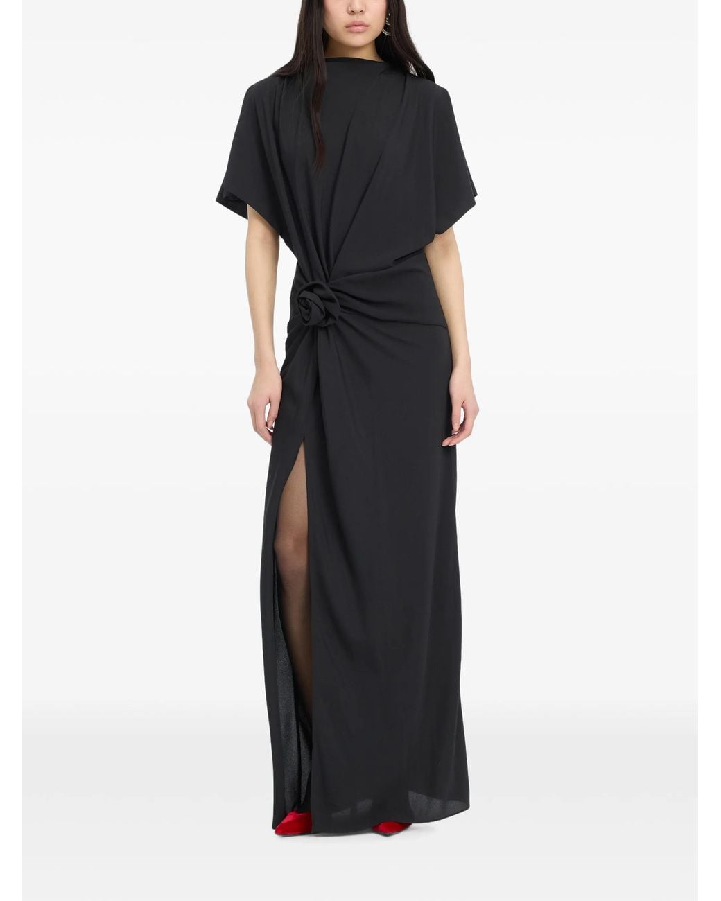 ROTATE BIRGER CHRISTENSEN Black Slit Long Dress With Rose Detail