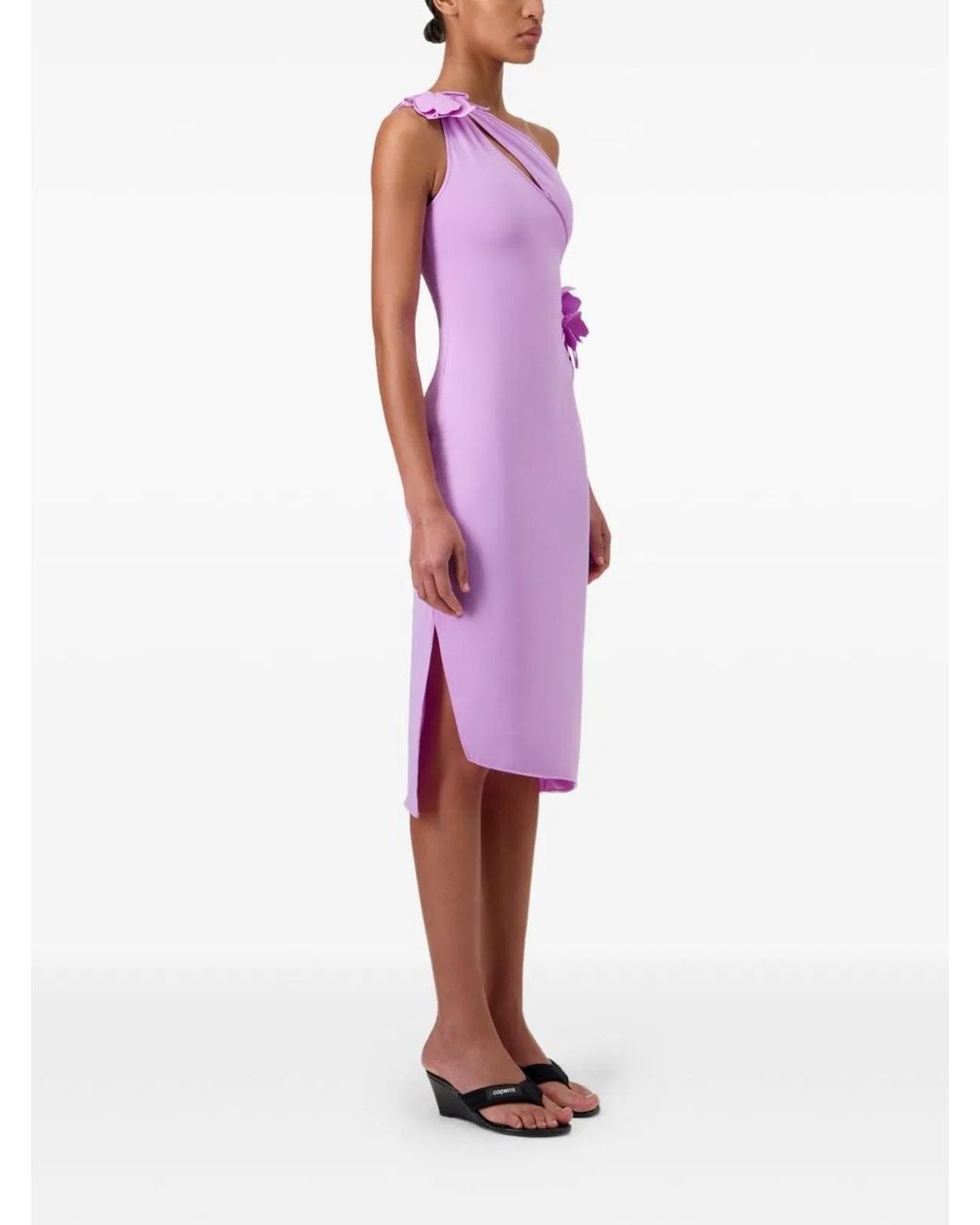 Coperni Purple One-Shoulder Midi Dress With Floral Embellishments