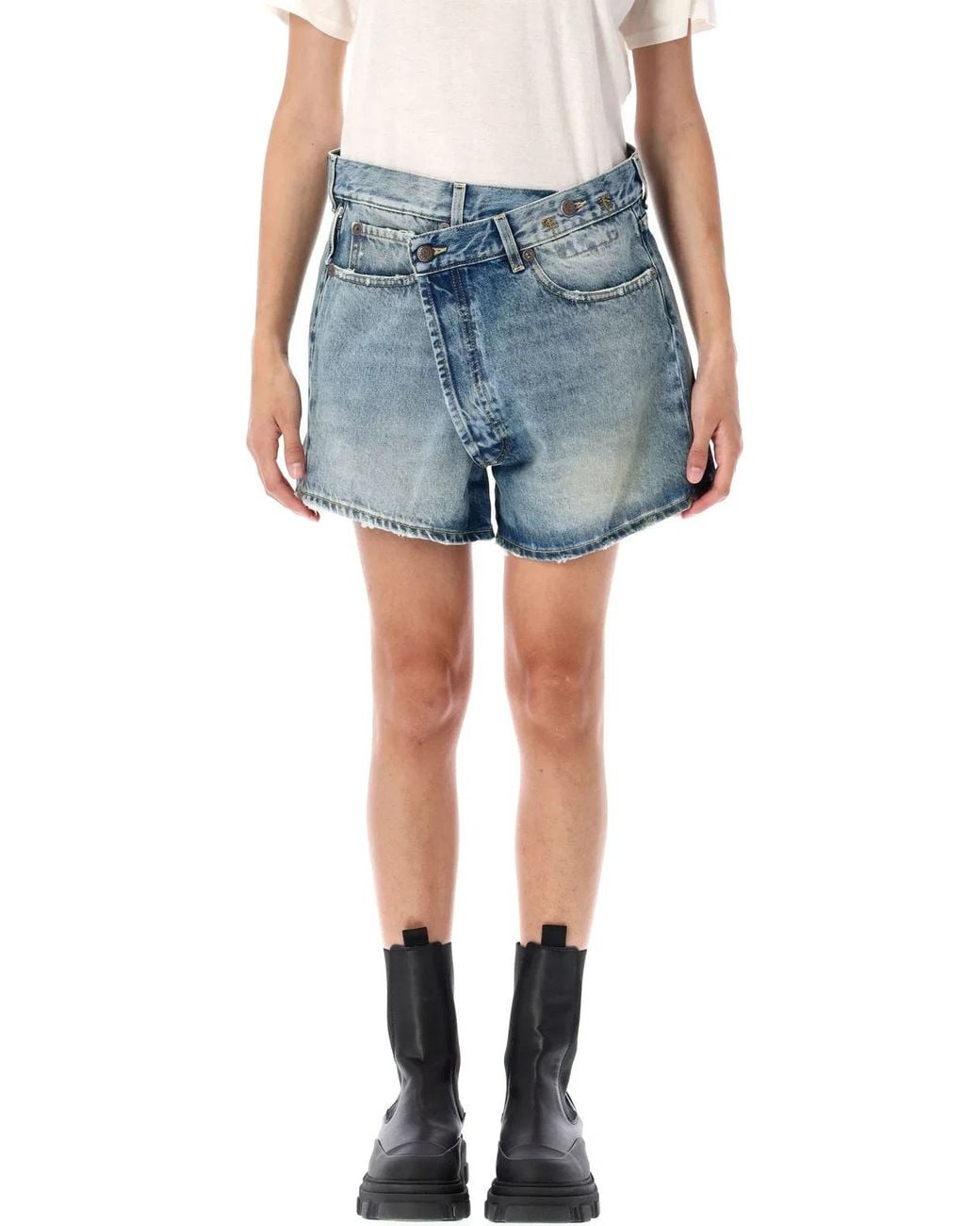 R13 Blue Crossover Denim Shorts Distressed