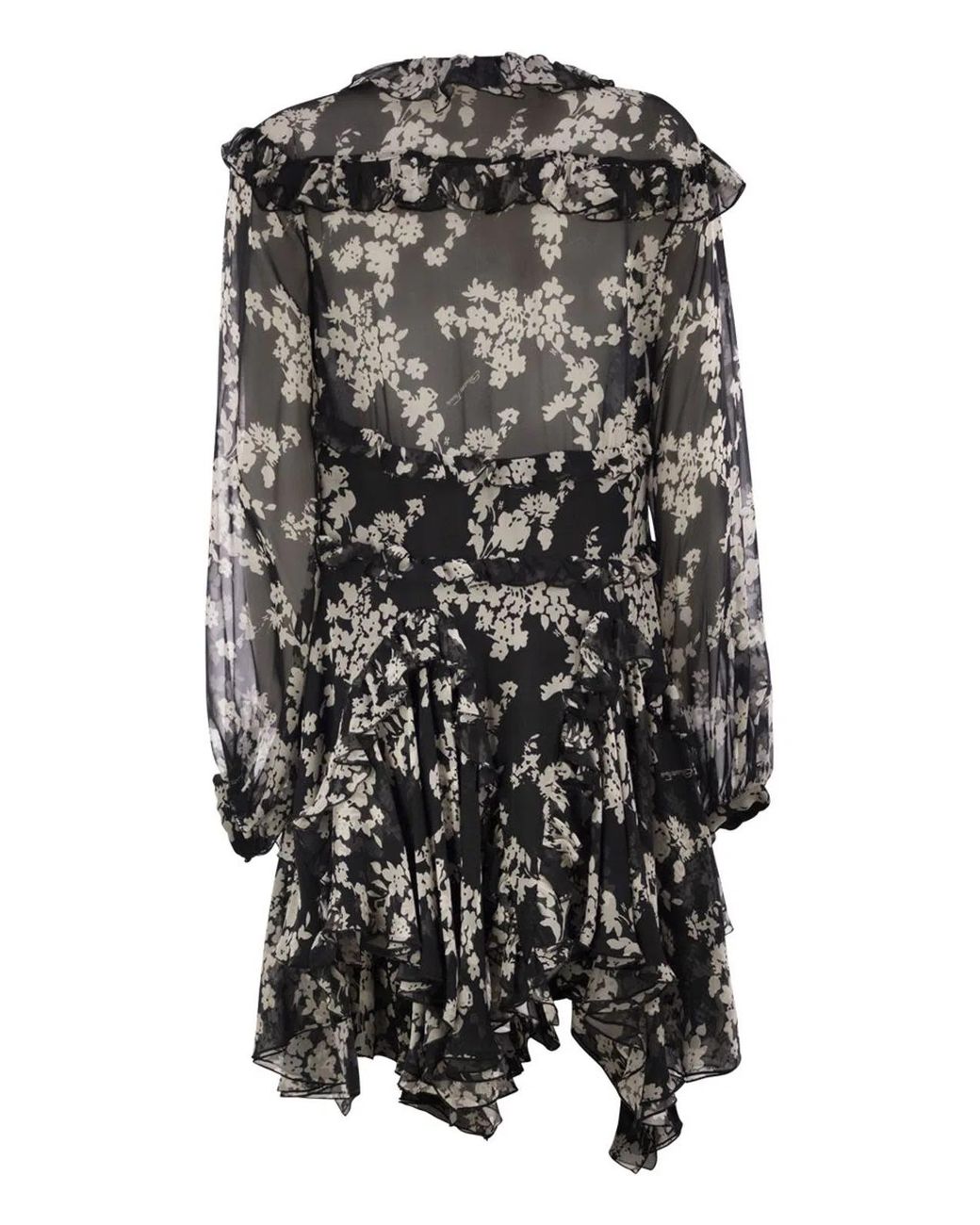 Elisabetta Franchi Black Printed Silk Voile Dress With Ruffles