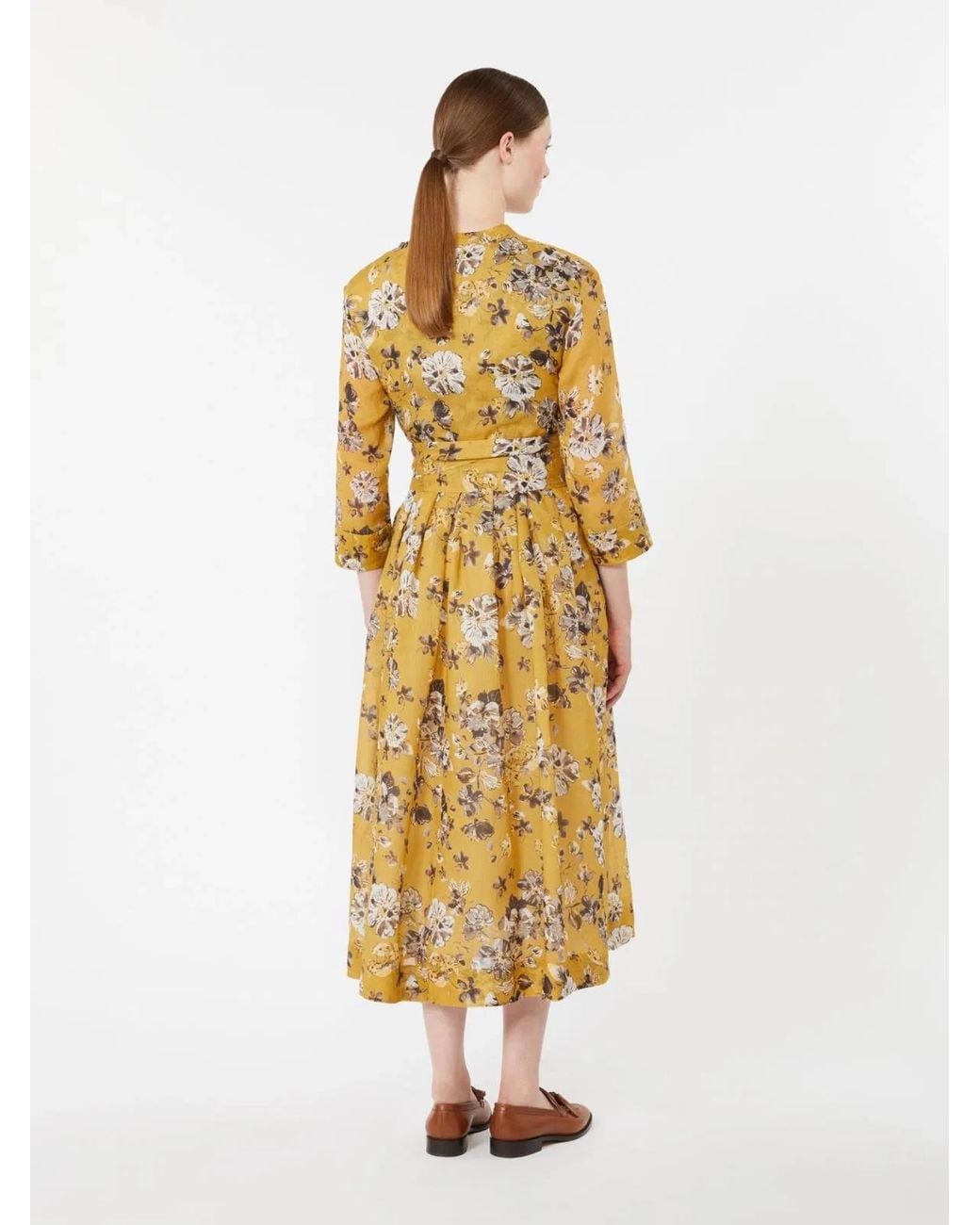 Max Mara Metallic V-Neck Floral Print Dress With Belt And Pockets