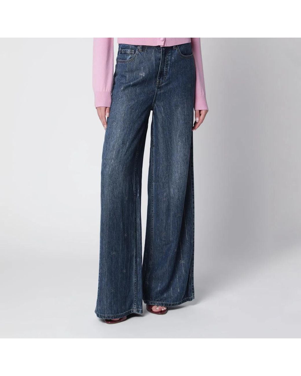 Self-Portrait Blue Wideleg Denim Jeans With Rhinestone Stripes