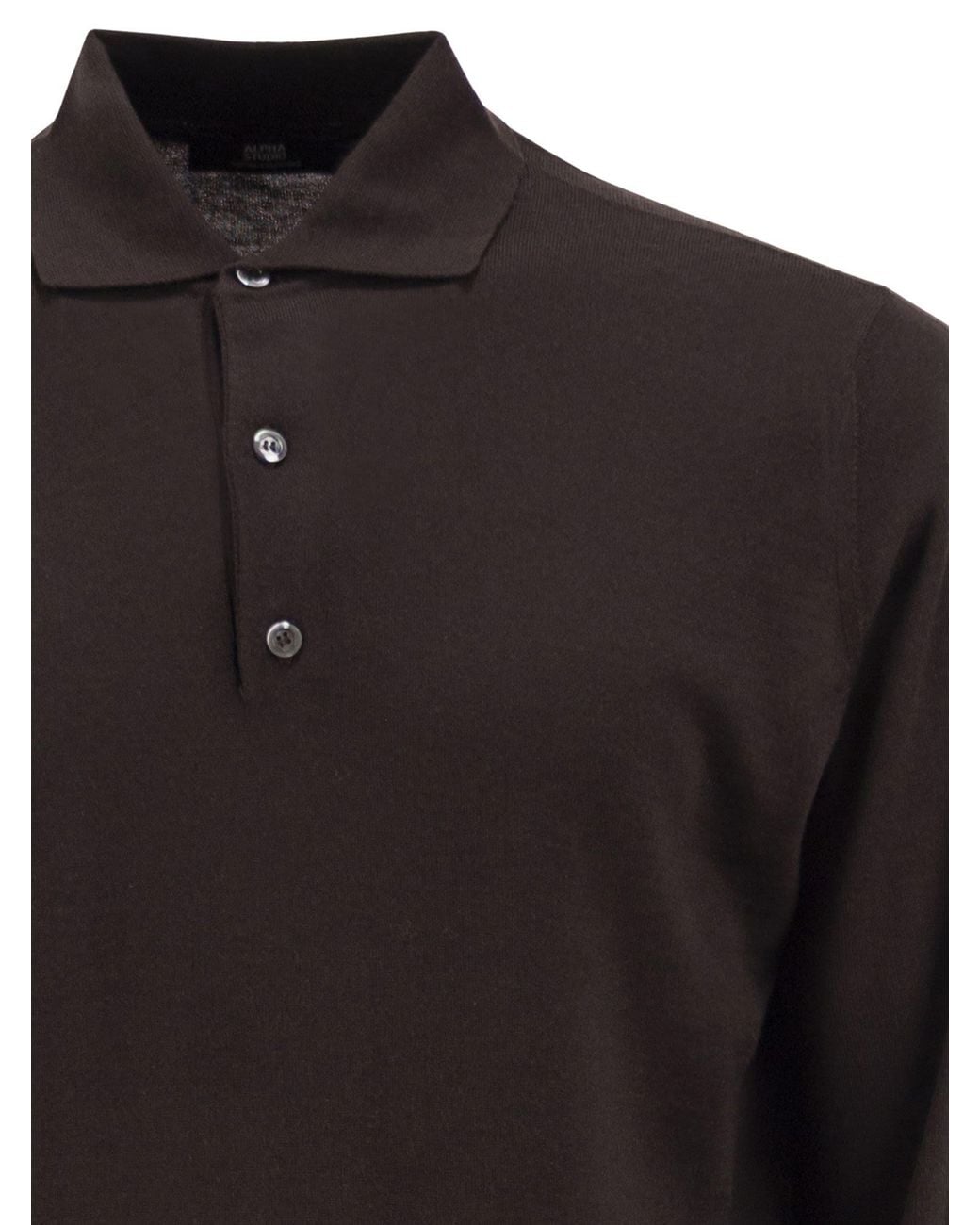 Alpha Studio Black Extrafine Merino Wool Knitted Polo Shirt for men