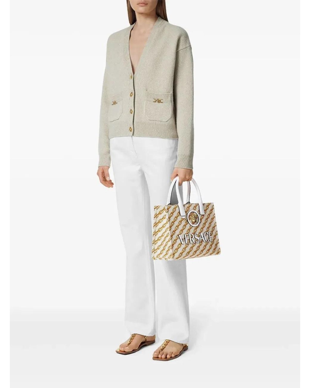 Versace Natural Printed Canvas Small Chain Stripes La Medusa Shopping Bag