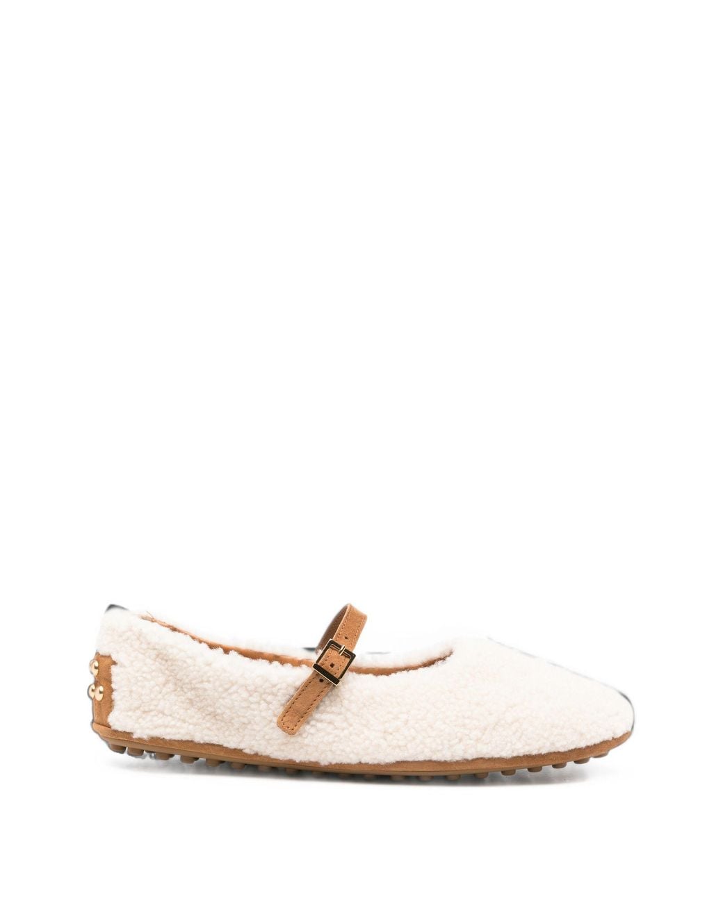 Tod's White Buckle-Strap Shearling Ballet Flats