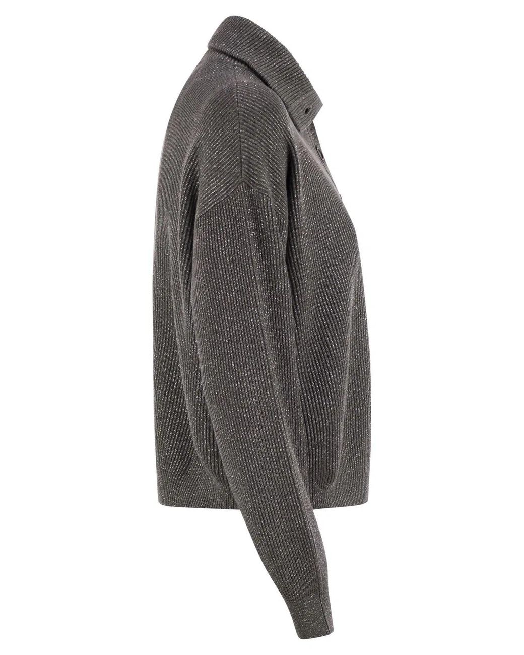 Brunello Cucinelli Gray Cotton And Viscose Rib Knit High Collar