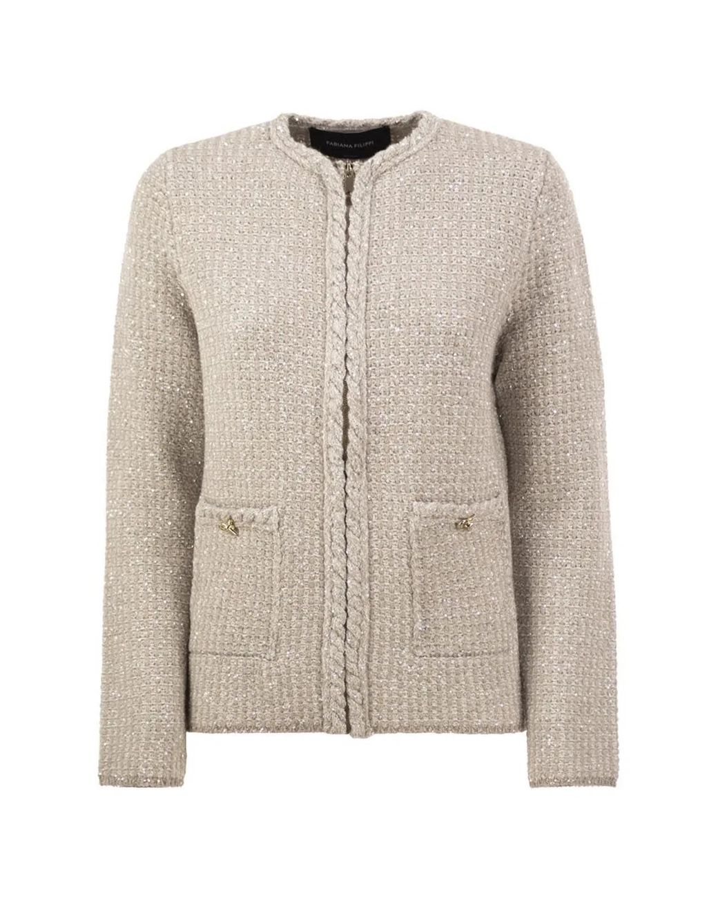 Fabiana Filippi Natural Bouclé Jacket With Sequins And Zip Fastening