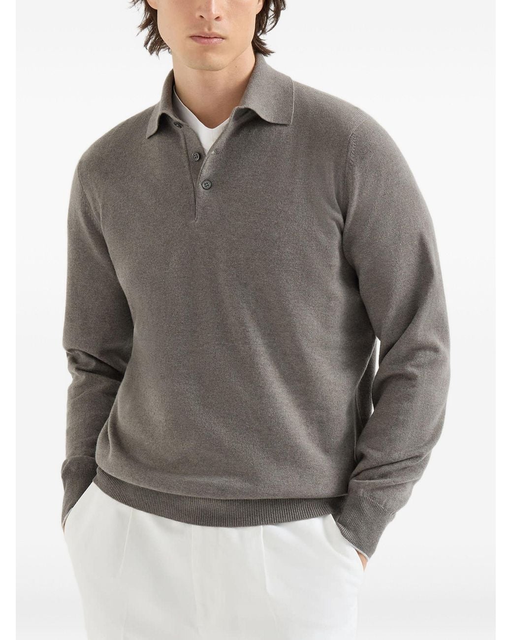 Brunello Cucinelli Gray Cashmere Knit Polo Shirt for men