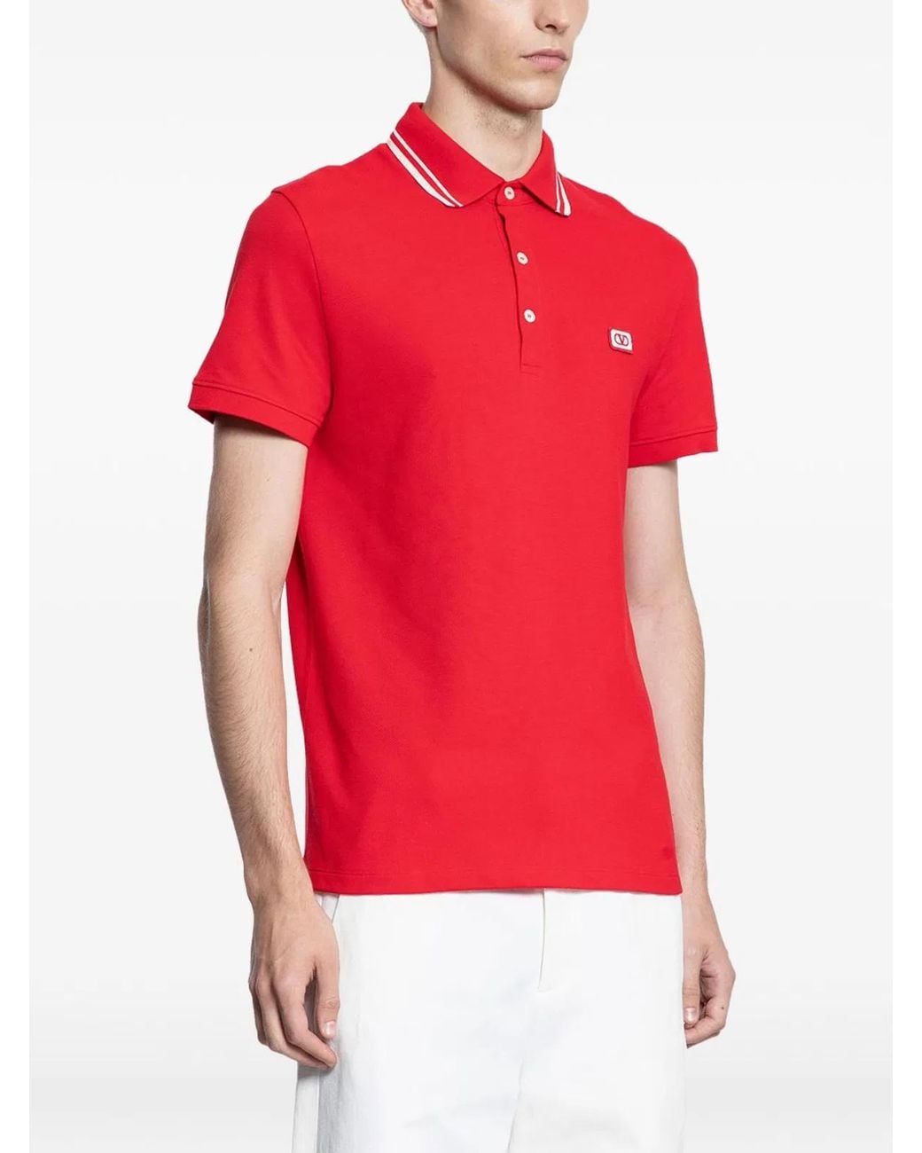 Valentino Garavani Red Cotton Piqué Polo Shirt With Vlogo Patch for men