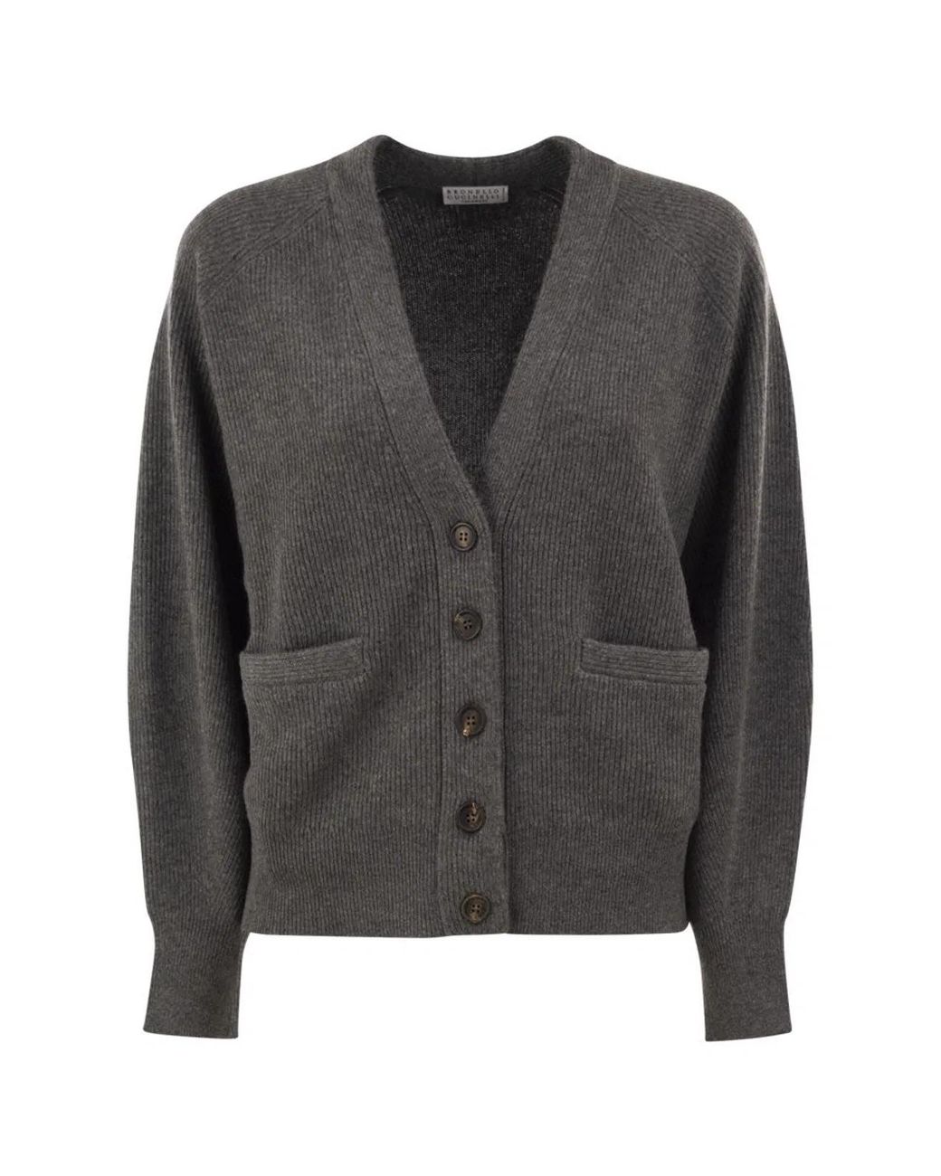 Brunello Cucinelli Black Ribbed Cashmere V-Neck Cardigan