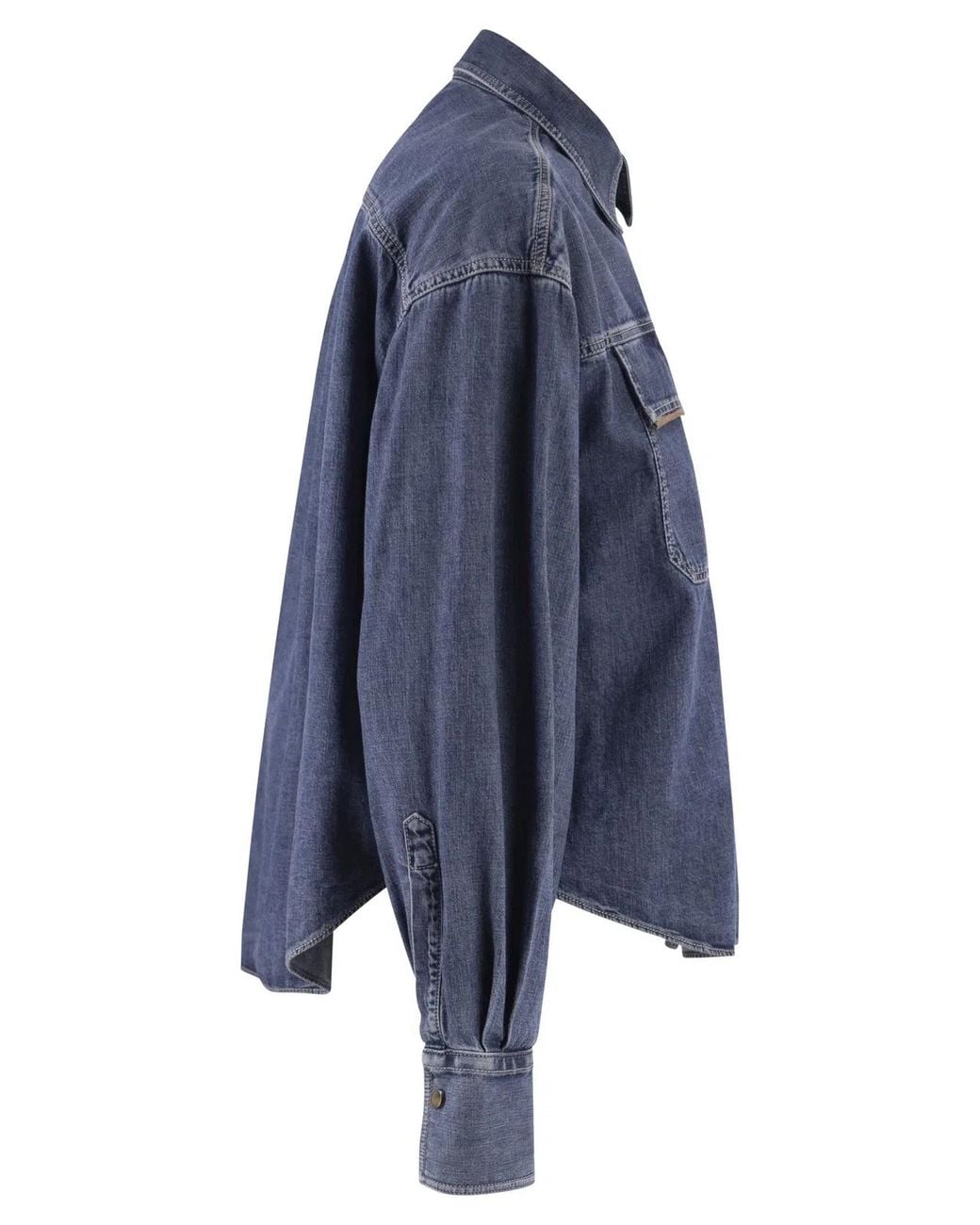 Brunello Cucinelli Blue Cropped Denim Shirt With Patch Pockets