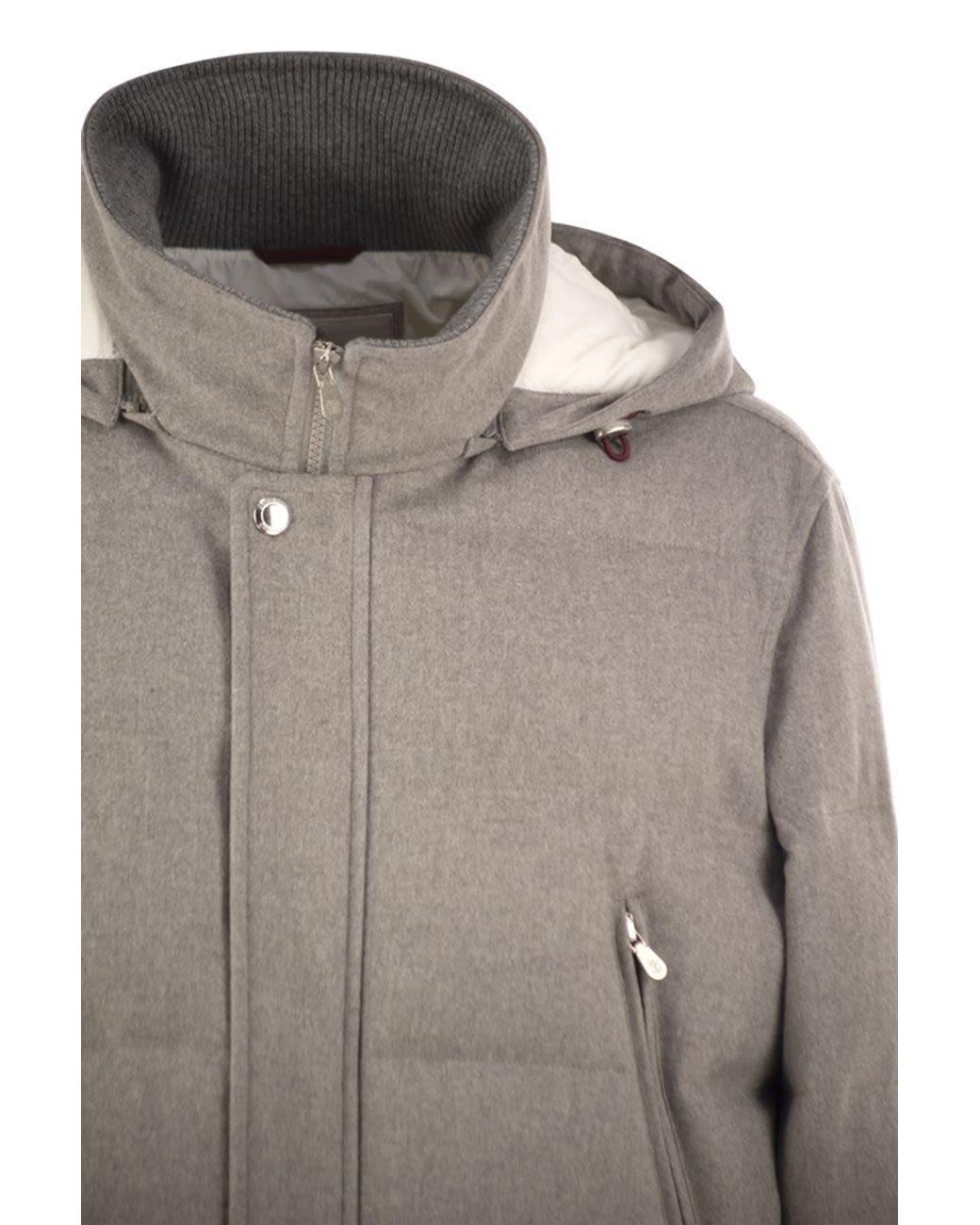 Brunello Cucinelli Gray Wool Down Jacket With Detachable Hood for men
