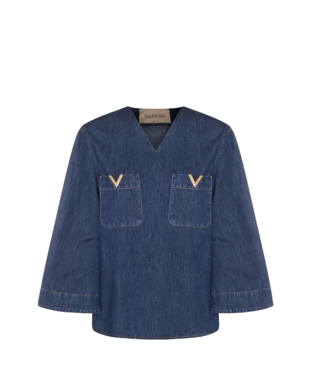 Valentino Garavani Blue V-Neck Logo-Plaque Blouse
