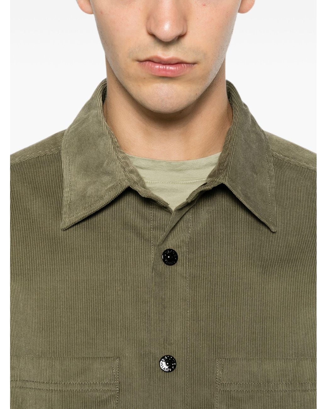 Stone Island Green Corduroy-Texture Logo-Patch Shirt for men