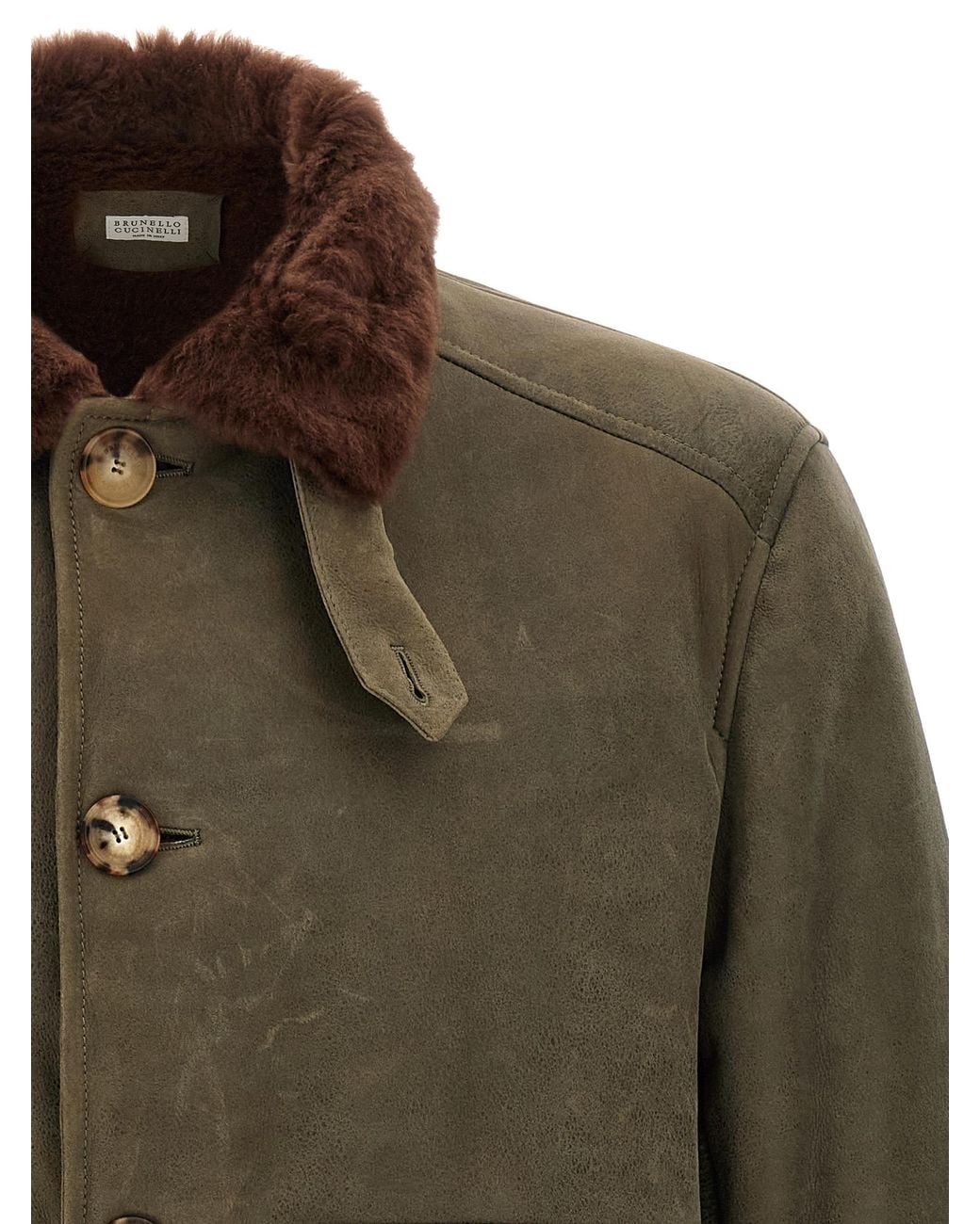 Brunello Cucinelli Green Waxed Shearling Bomber Jacket for men