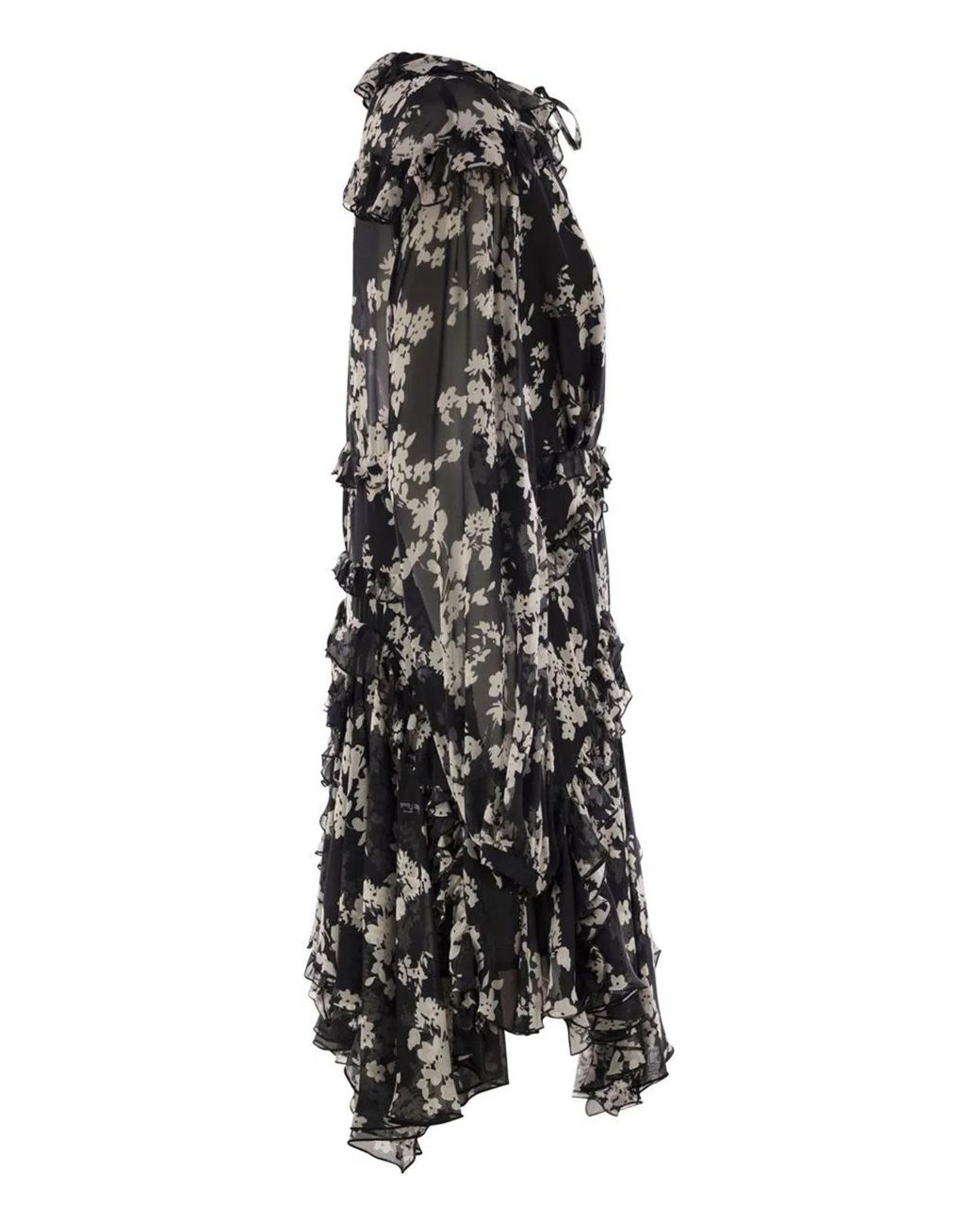 Elisabetta Franchi Black Printed Silk Voile Dress With Ruffles