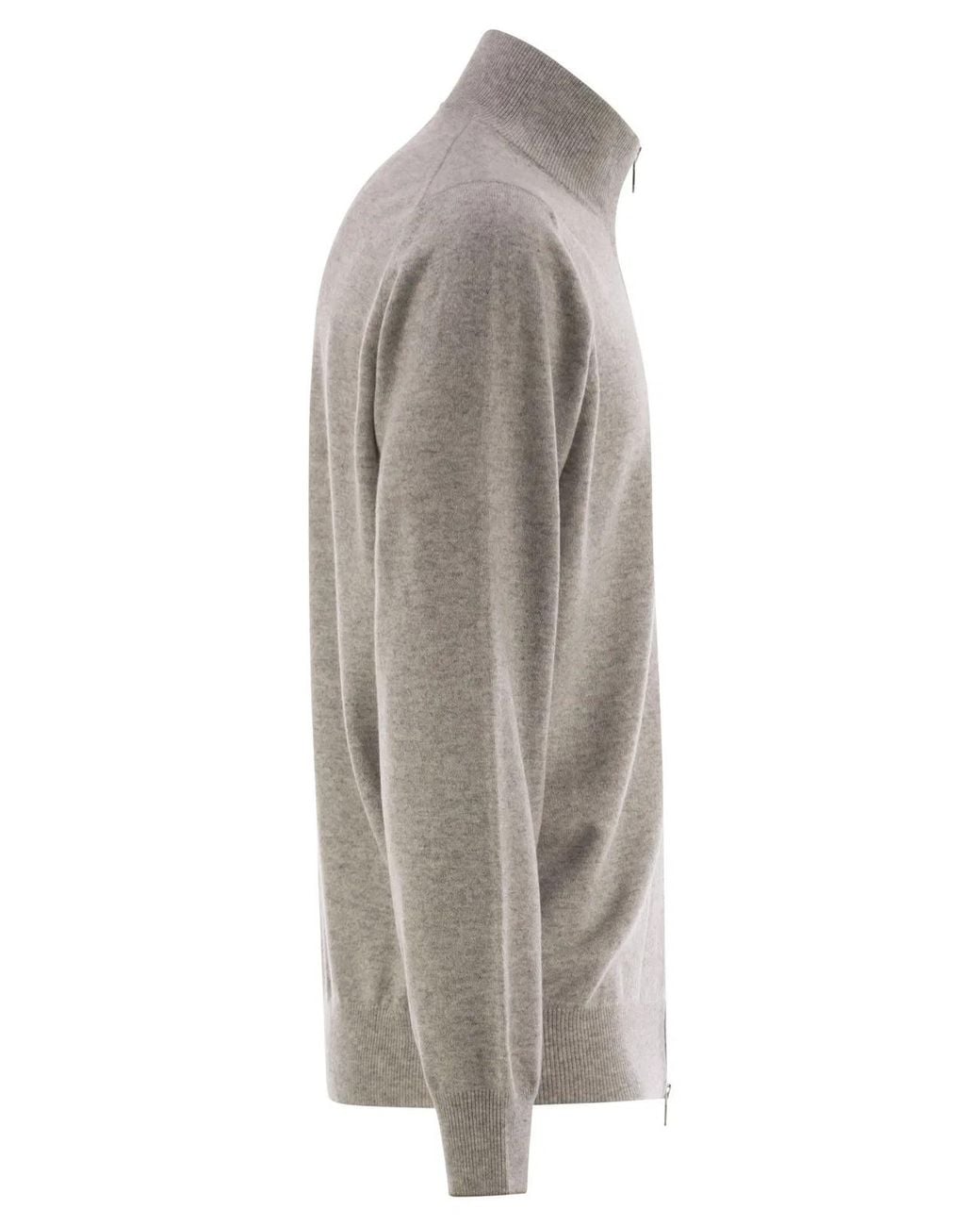 Brunello Cucinelli Gray High-Necked Cashmere Cardigan With Zip for men
