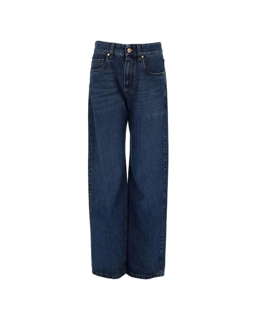 Brunello Cucinelli Blue Wide-Leg Cotton Denim Jeans Featuring A Faded Effect And Monili Trim