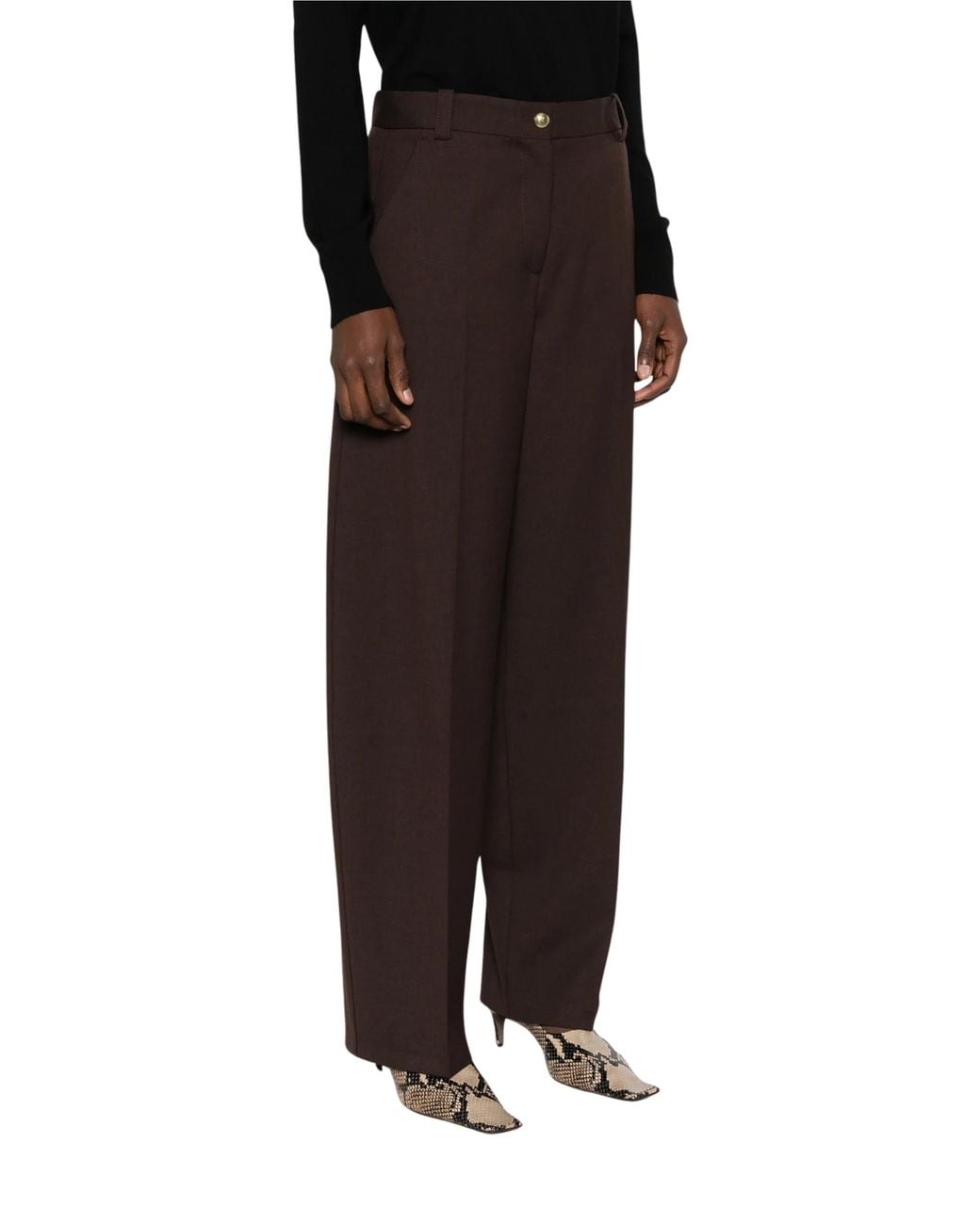 Pinko Brown Wide-Leg Trousers With Tailored Design And Leather Patch