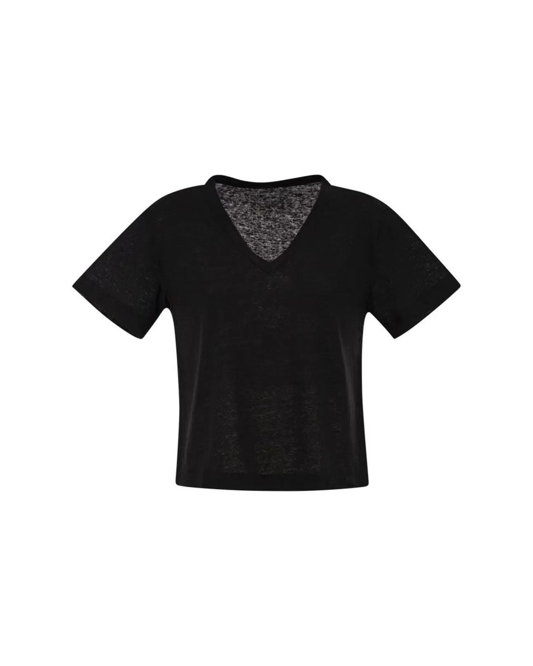 Majestic Black Stretch Linen T-Shirt With V-Neck