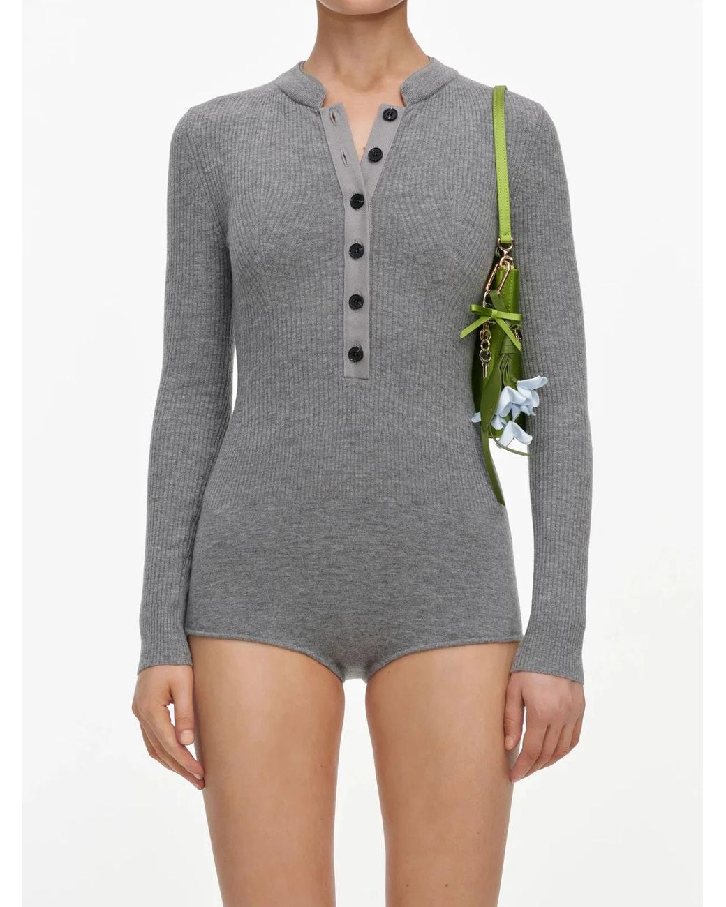 Self-Portrait Gray Knitted Romper With Buttons