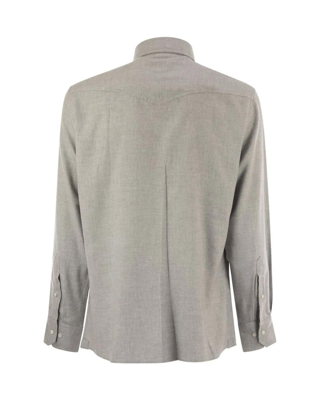 Brunello Cucinelli Gray Stretch Cotton Chevron Flannel Easy Fit Shirt With Snap Buttons, Epaulettes And Pockets for men