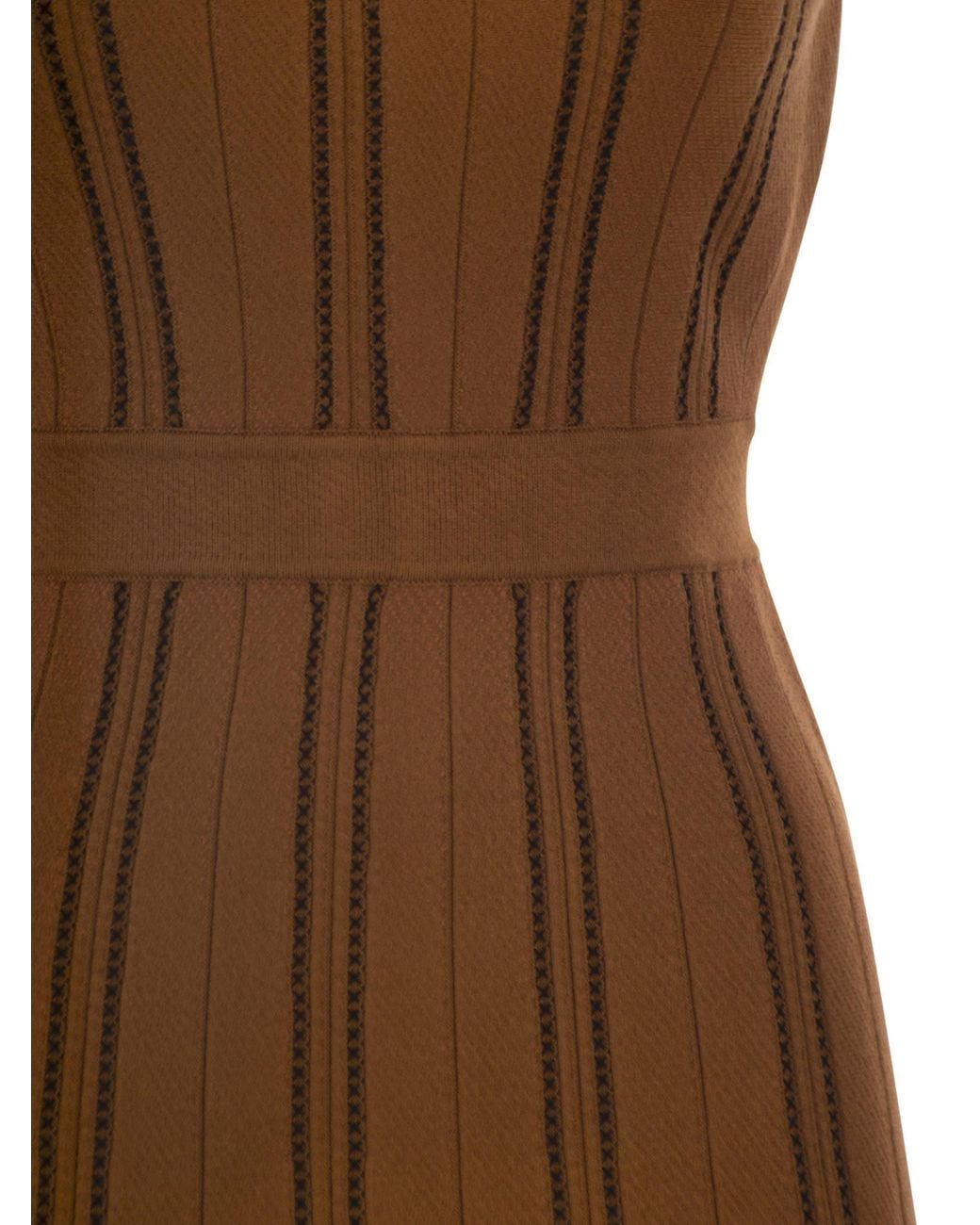 Elisabetta Franchi Brown Midi Jacquard Knitted Dress With Round Neckline