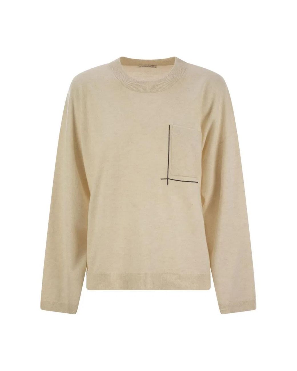 Brunello Cucinelli Natural Virgin Wool, Cashmere And Silk Sweater With Shiny Pocket Detail