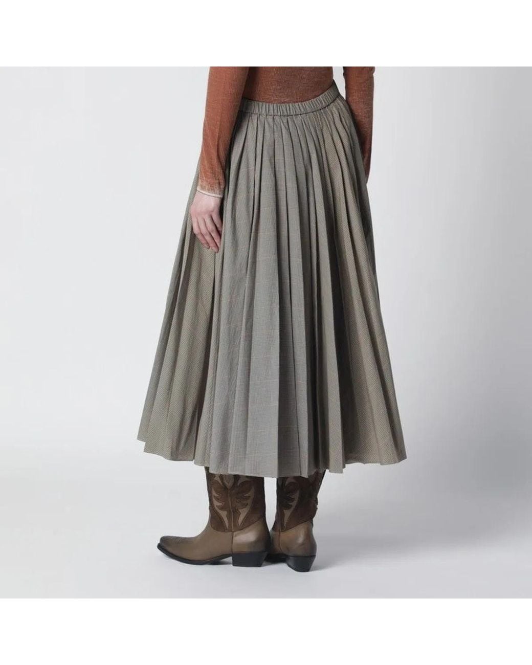 6397 Gray Checked Pleated Midi Skirt