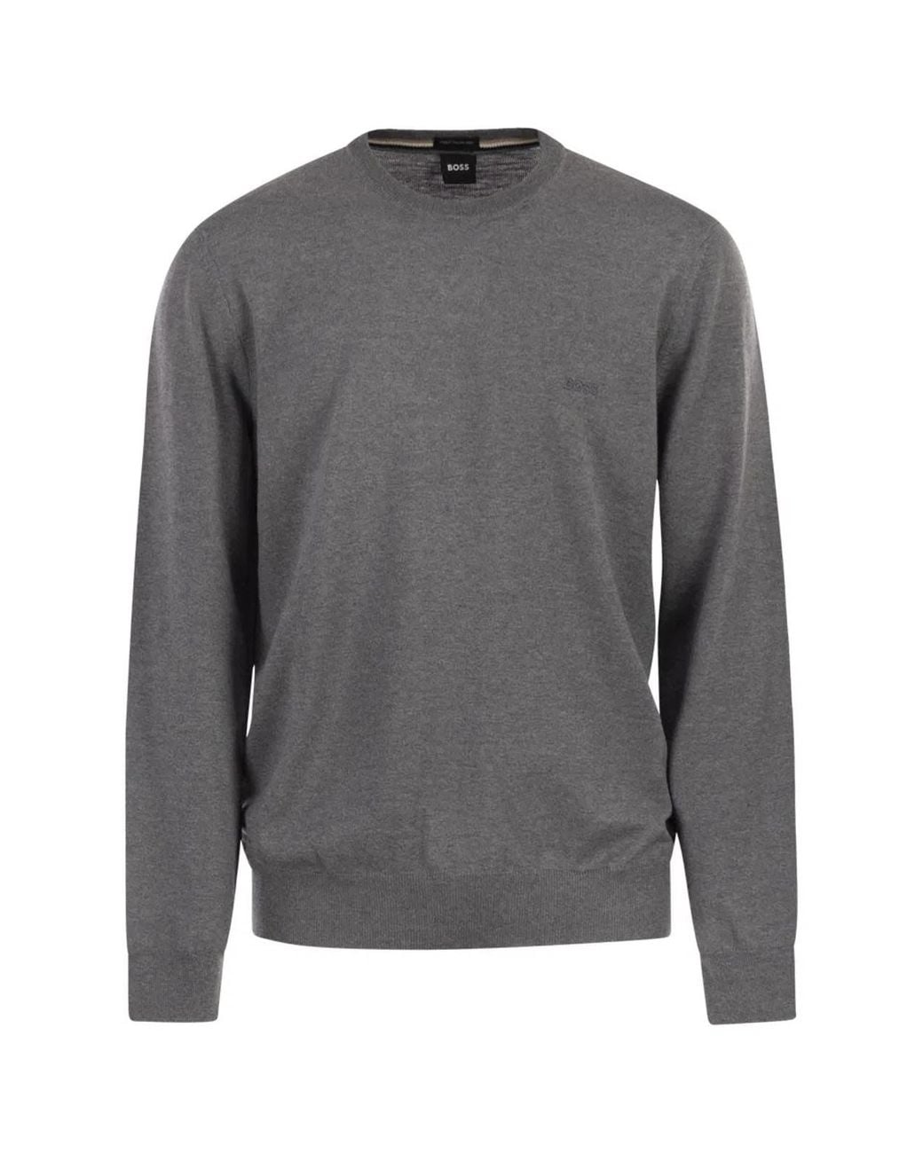 Boss Gray Regular Fit Virgin Wool Jumper With Embroidered Logo for men