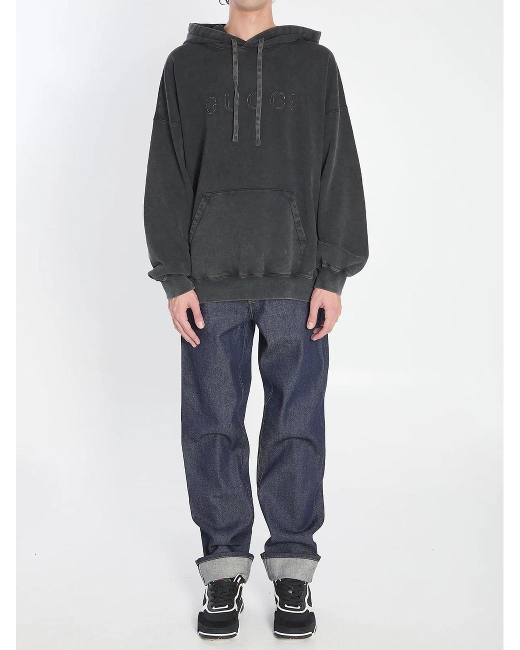 Gucci Gray Vintage Logo Drawstring Hoodie for men
